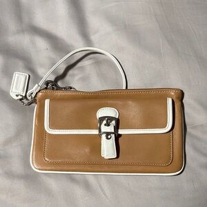 Tan and White Leather Coach Wristlet
